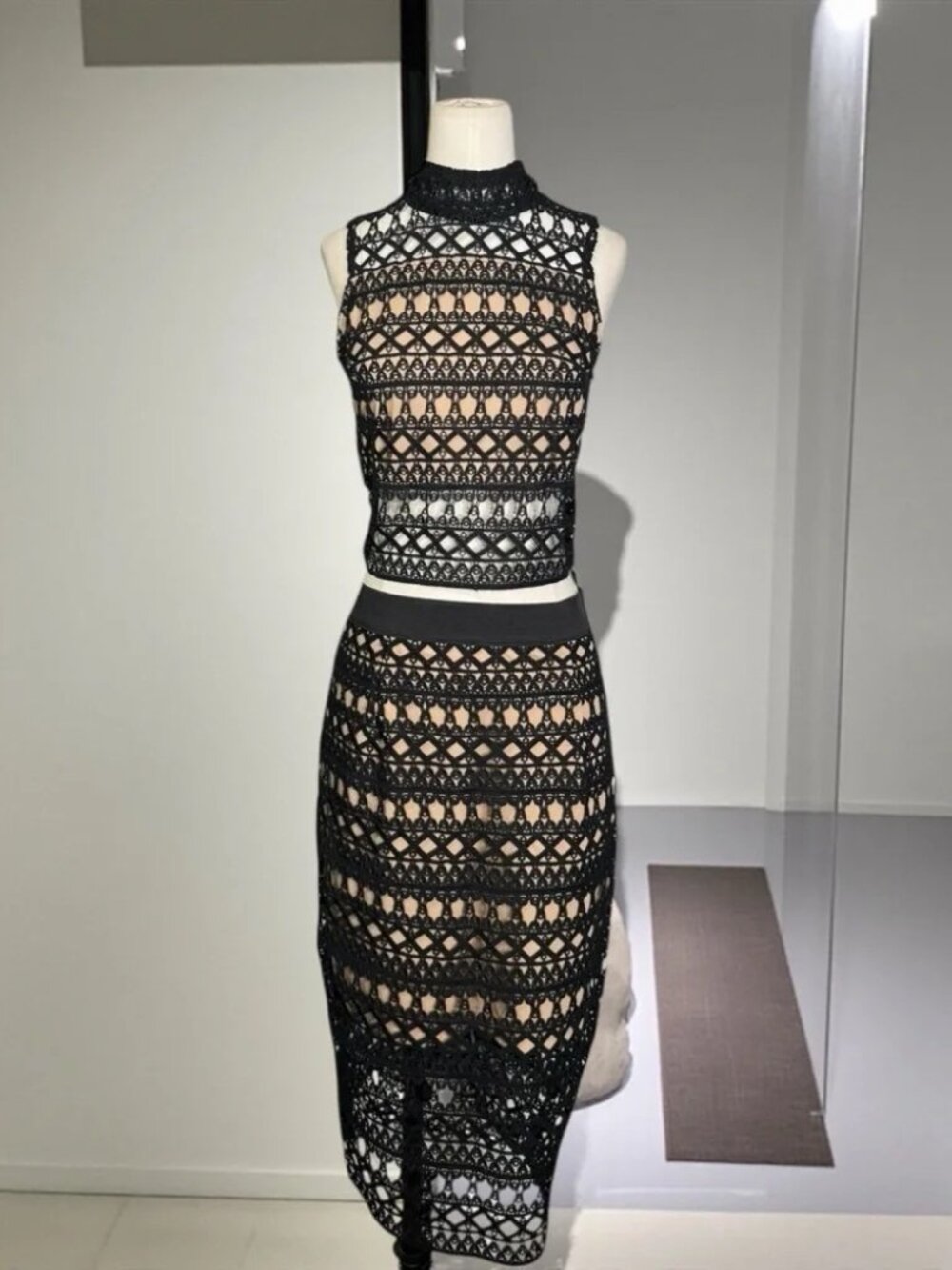 STRUT & BOLT - Two piece Set Lace Crotchet Crop Top & Skirt - Black & Nude